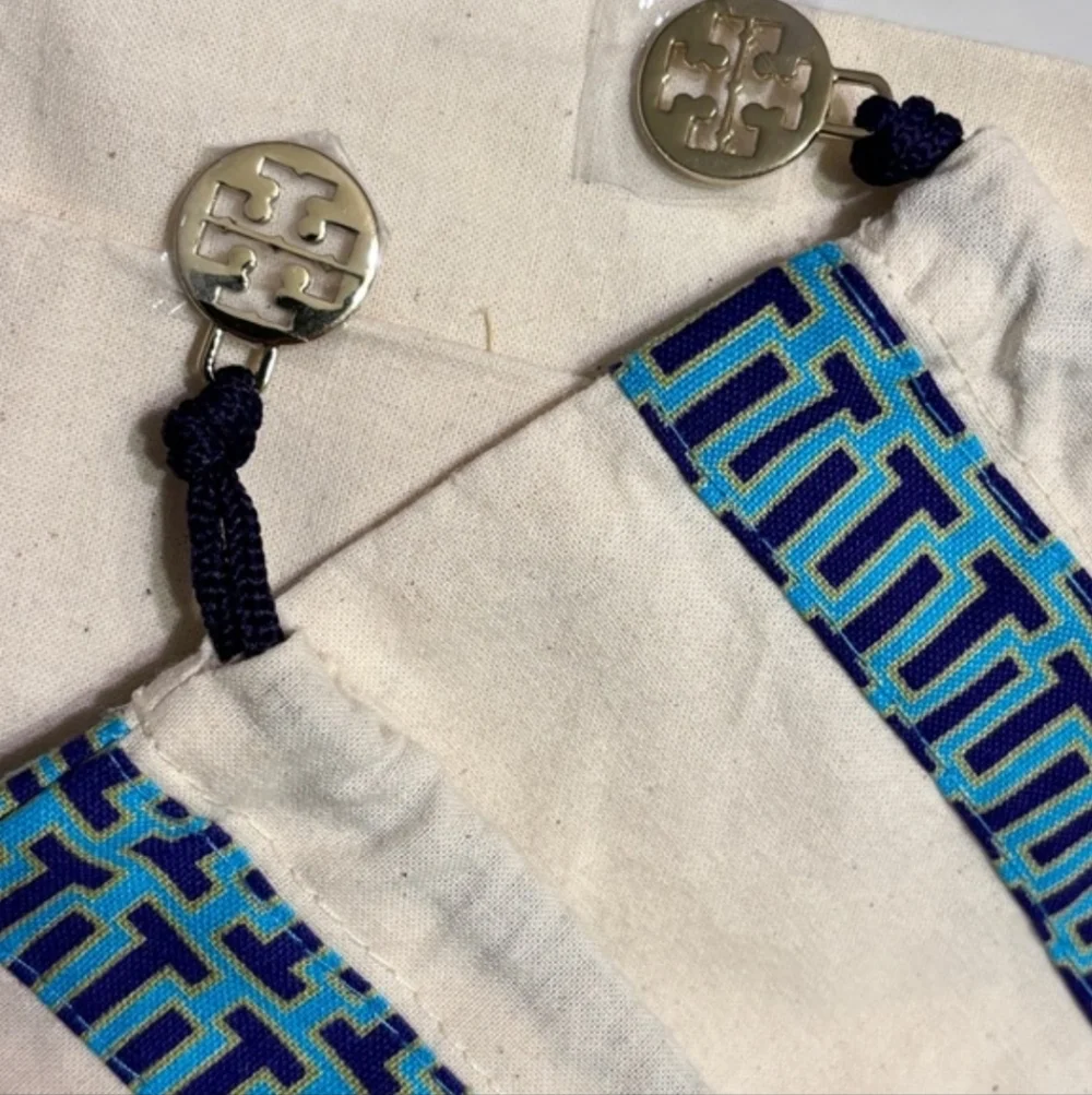 TORY BURCH Cotton Canvas Drawstring Dust Bags Blue “T” Trim Set of Two